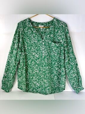 J Jill Green/White Floral Tunic Top Size M Long Sleeve V Neck 1/2 Button